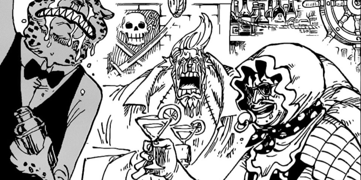 franky and señor pink drinking at a bar - one piece