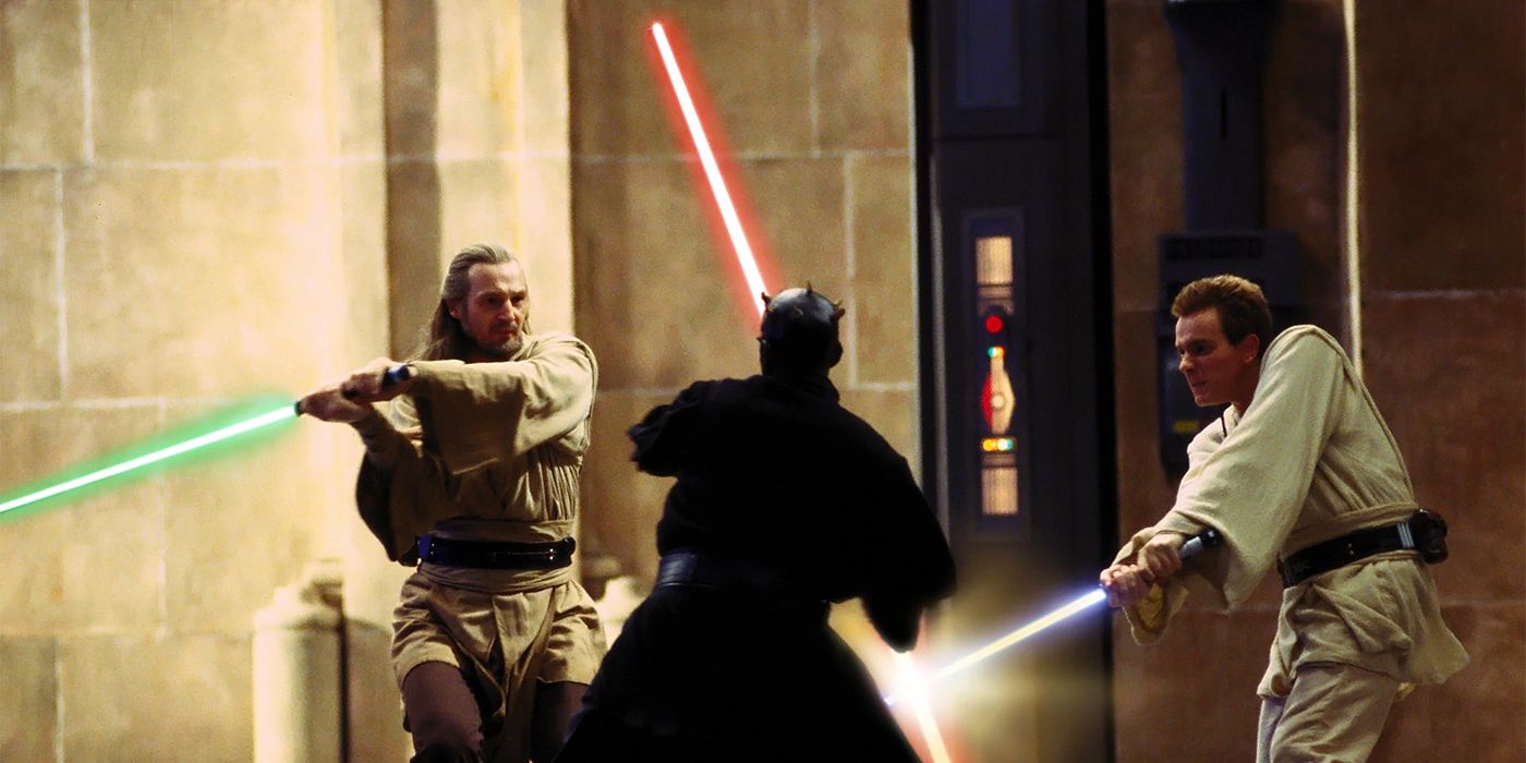 Maul fights Obi-Wan and Qui-Gon in Star Wars: The Phantom Menace
