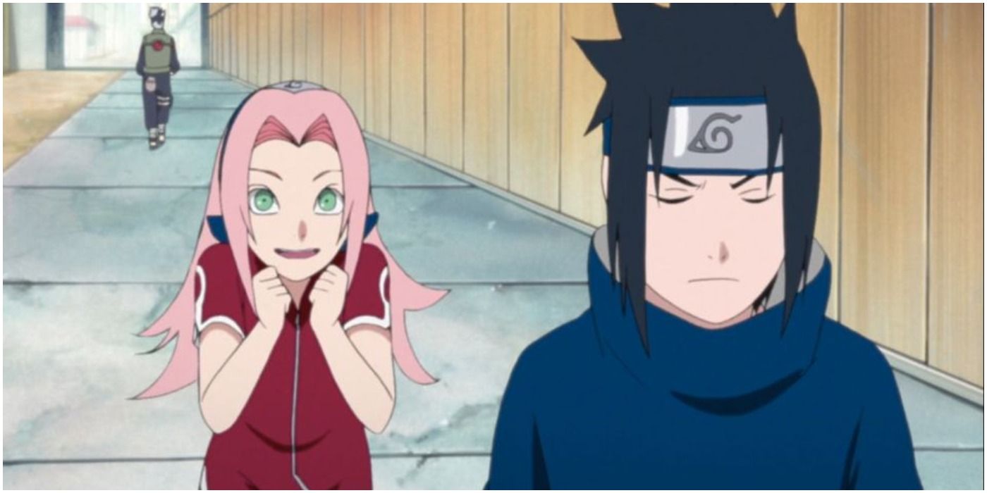 Sakura following Sasuke in Naruto.