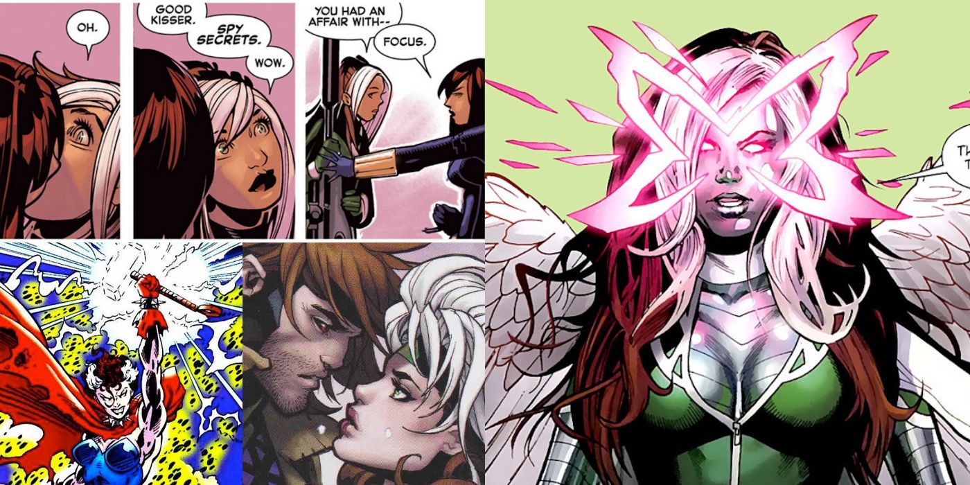 rogue kissing black widow, rogue as thor, rogue about to kiss gambit and rogue with psylocke, x-23, wolverine, archangel and colossus powers