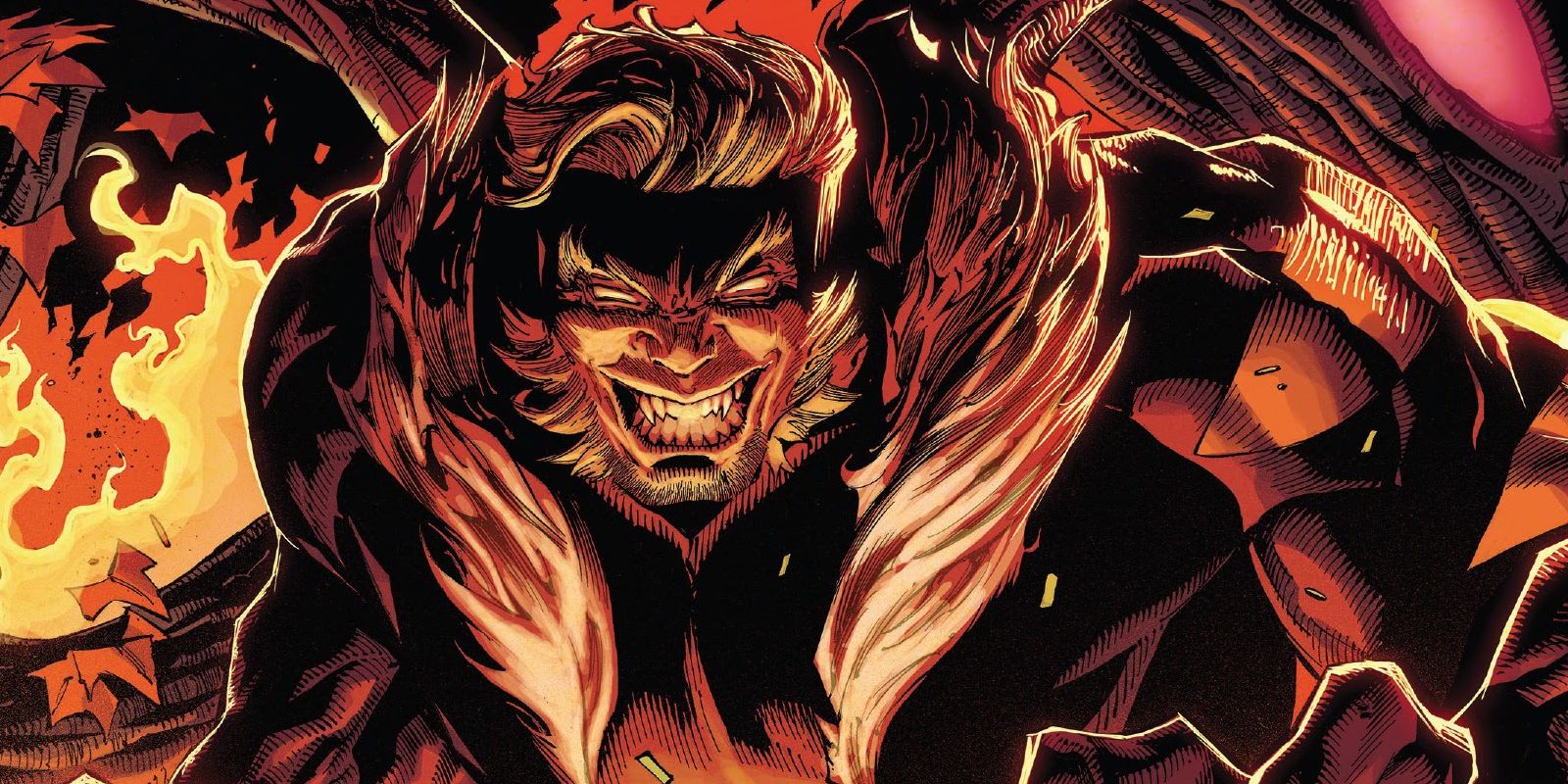 Sabretooth grinning in front of a wall of flames