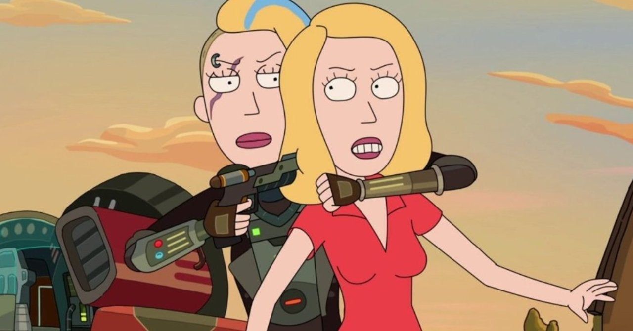 Space Beth está apontando uma arma para a cabeça de Beth Smith em um episódio de Rick e Morty.