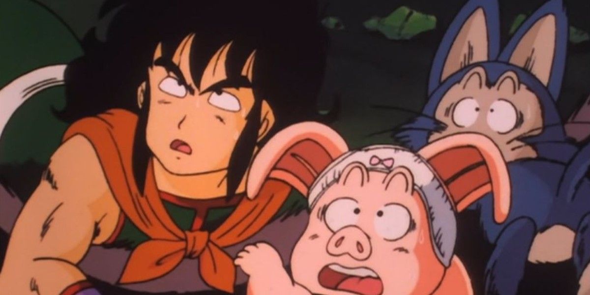 Yamcha Oolong and Puar look on in fear at Great Ape Goku in Dragon Ball