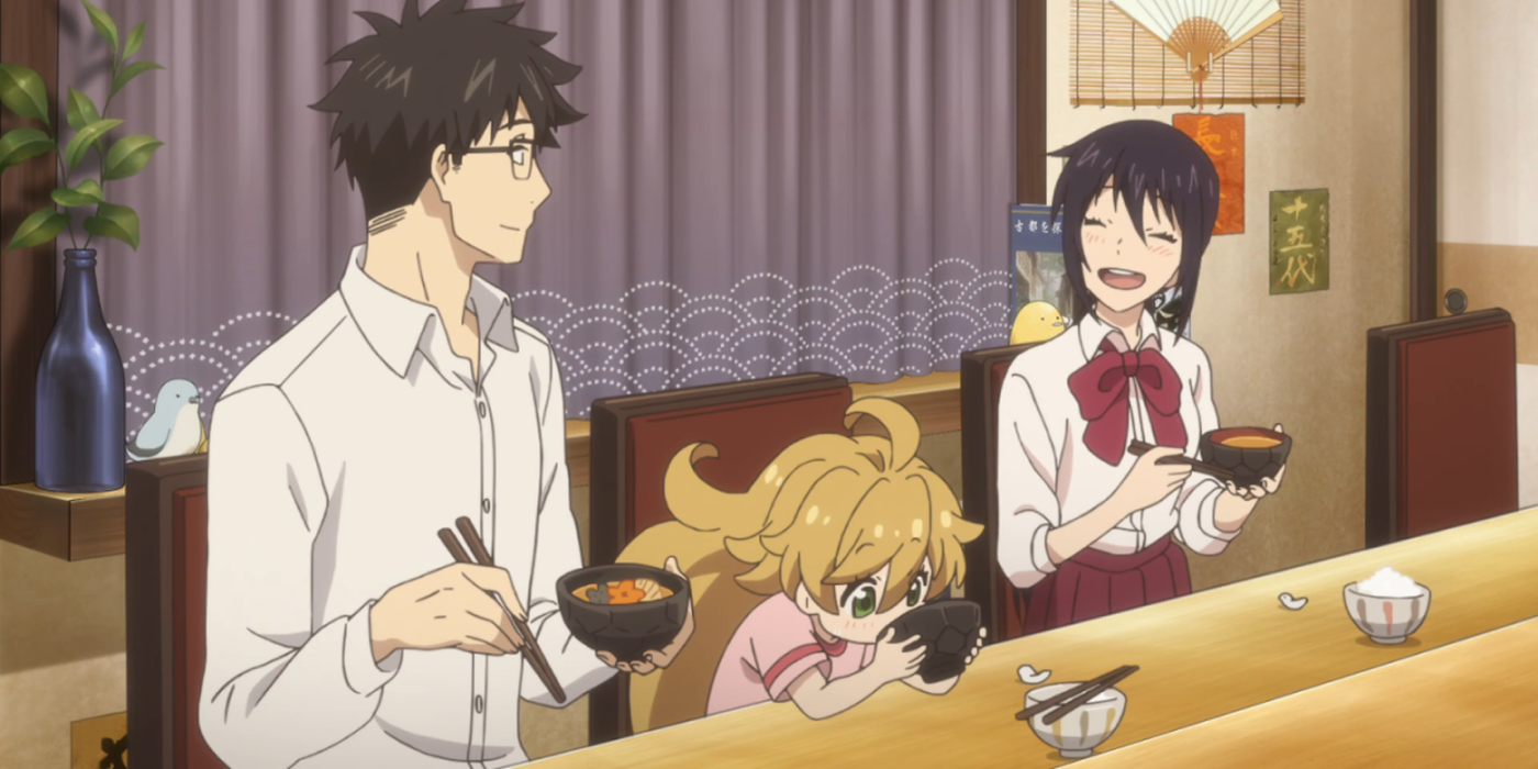 sweetness and lightning anime eating at table