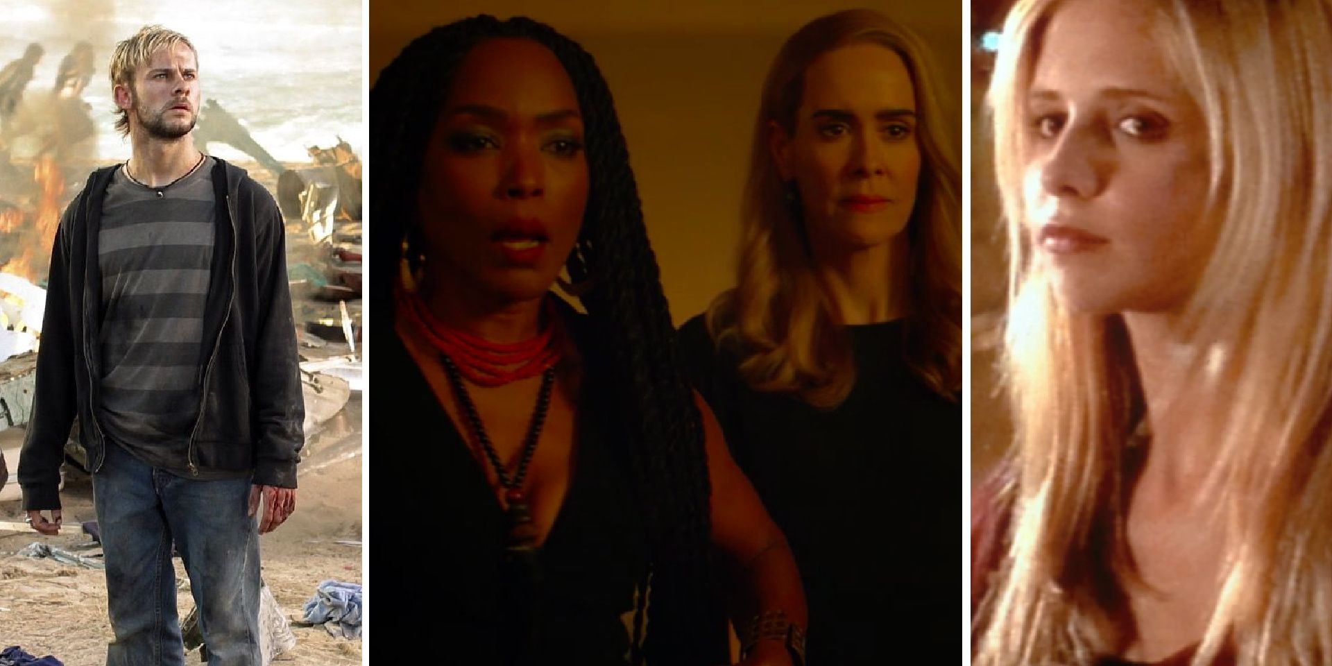 Charlie from Lost stands in wreckage, women from AHS look ready for battle, Buffy is prepared,