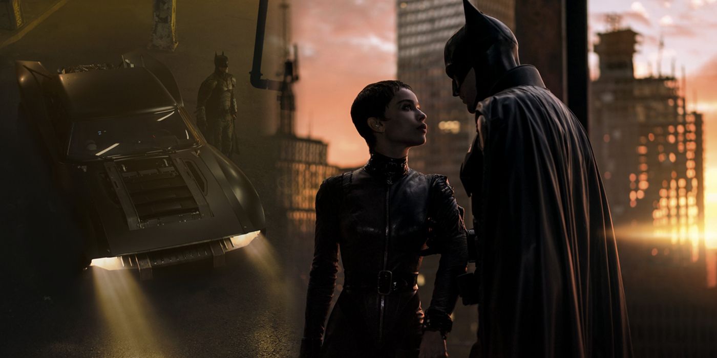 The Batman, Catwoman and the Batmobile split image