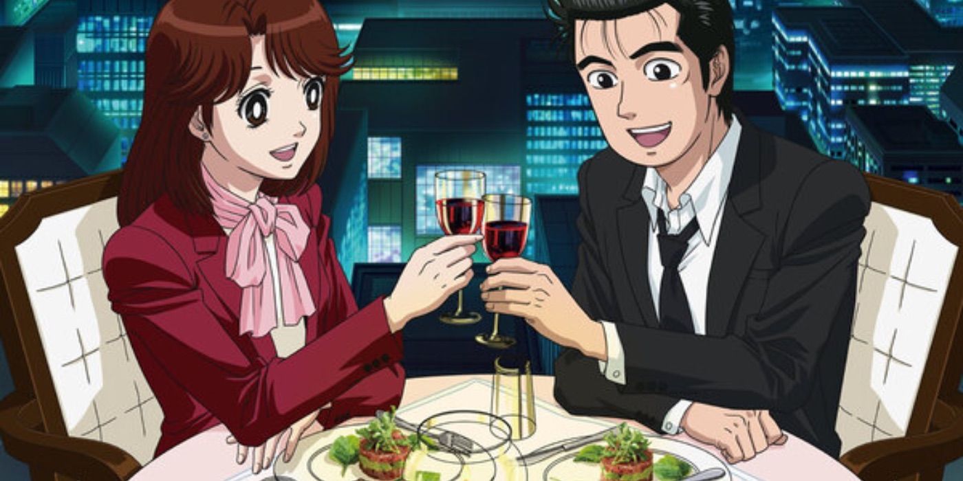 A woman and a man sit across from each other having dinner and clinking their glasses in Oishinbo