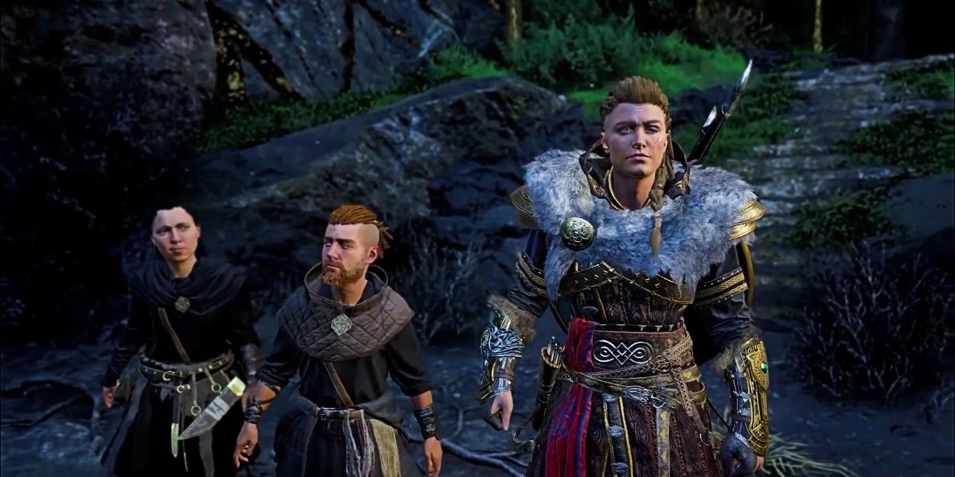 Screenshot of two dwarves accompanying Eivor, as seen in Assassin's Creed Valhalla Dawn of Ragnarök.