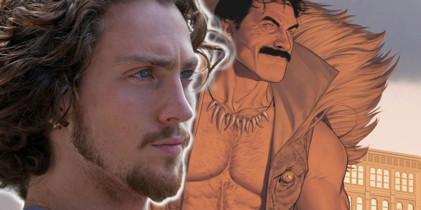 Aaron Taylor Johnson next to an image of Kraven the Hunter from Marvel Comics