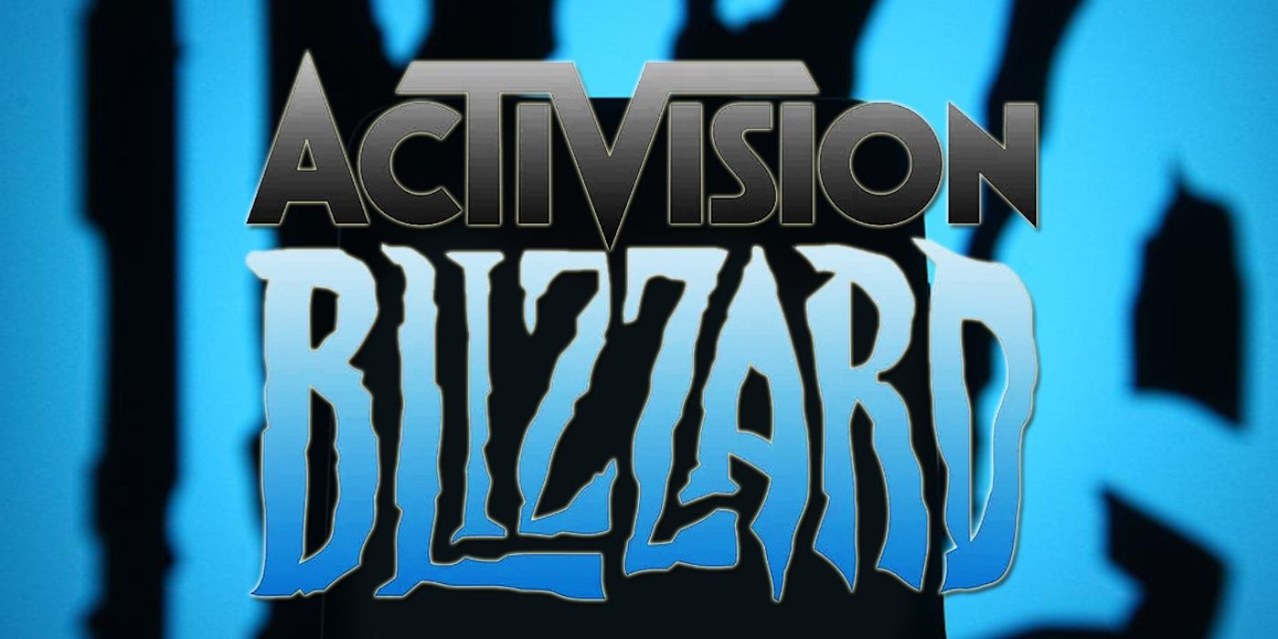 The Activision Blizzard logo. Activision is in a white to black gradient in superhero style font. Blizzard is in a white to blue gradient in a Frankenstein style font. The background has large blue letters over the color black.