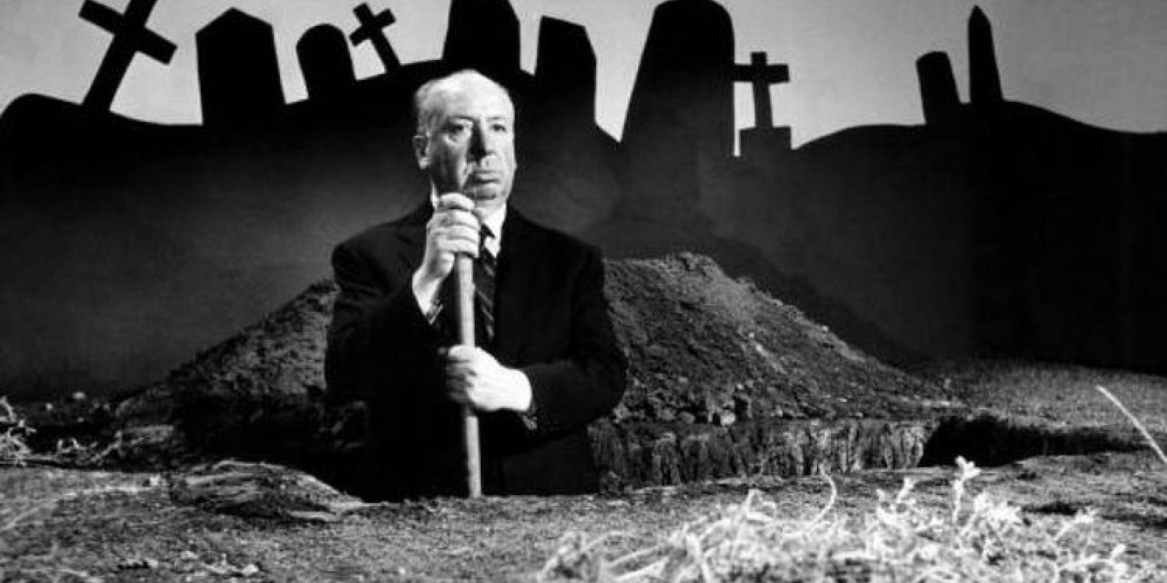 Alfred Hitchcock standing in a grave holding a shovel in Alfred Hitchcock Presents