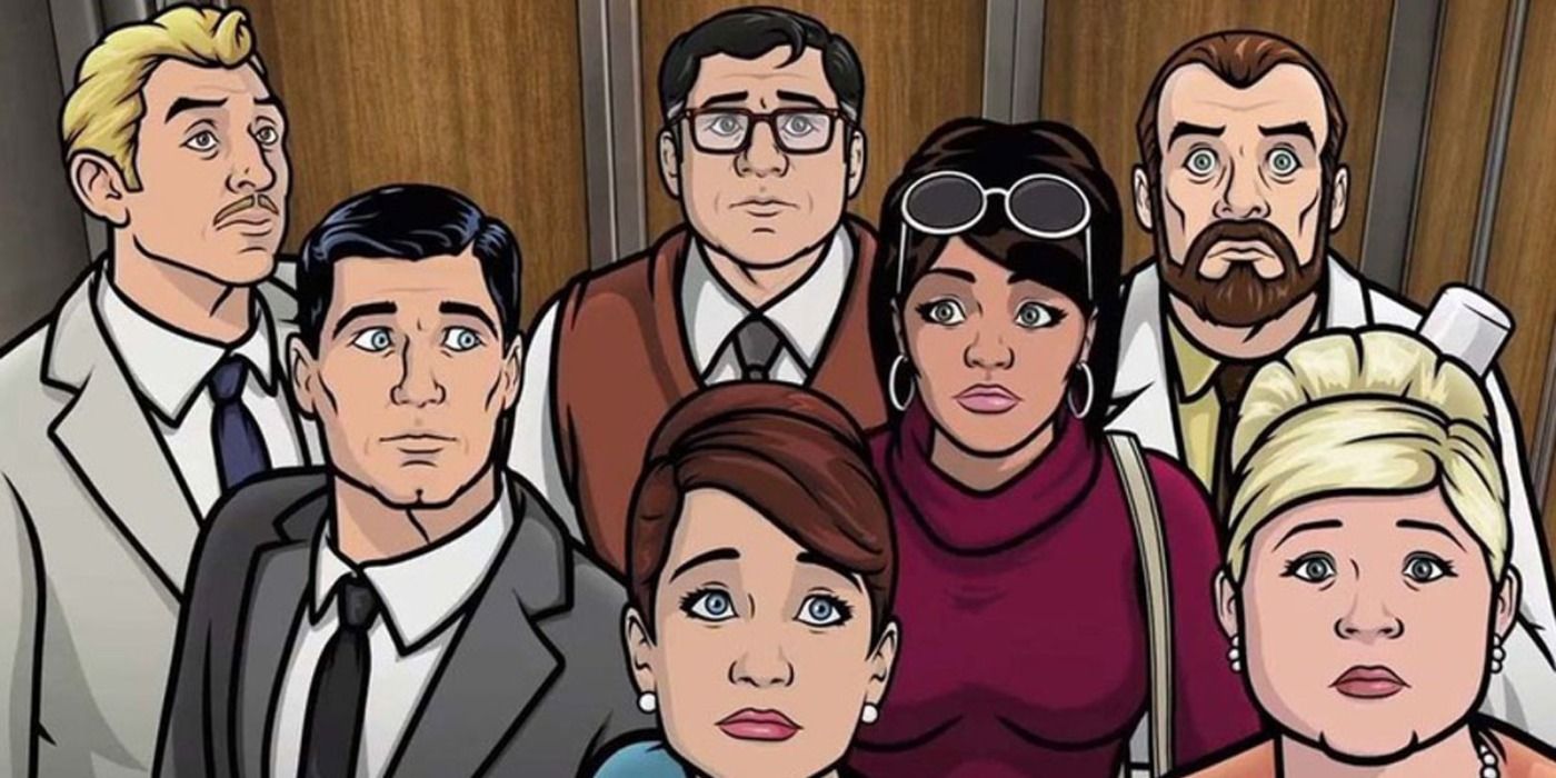 A scene from the twelfth season of Archer featuring most of the main cast within an elevator.