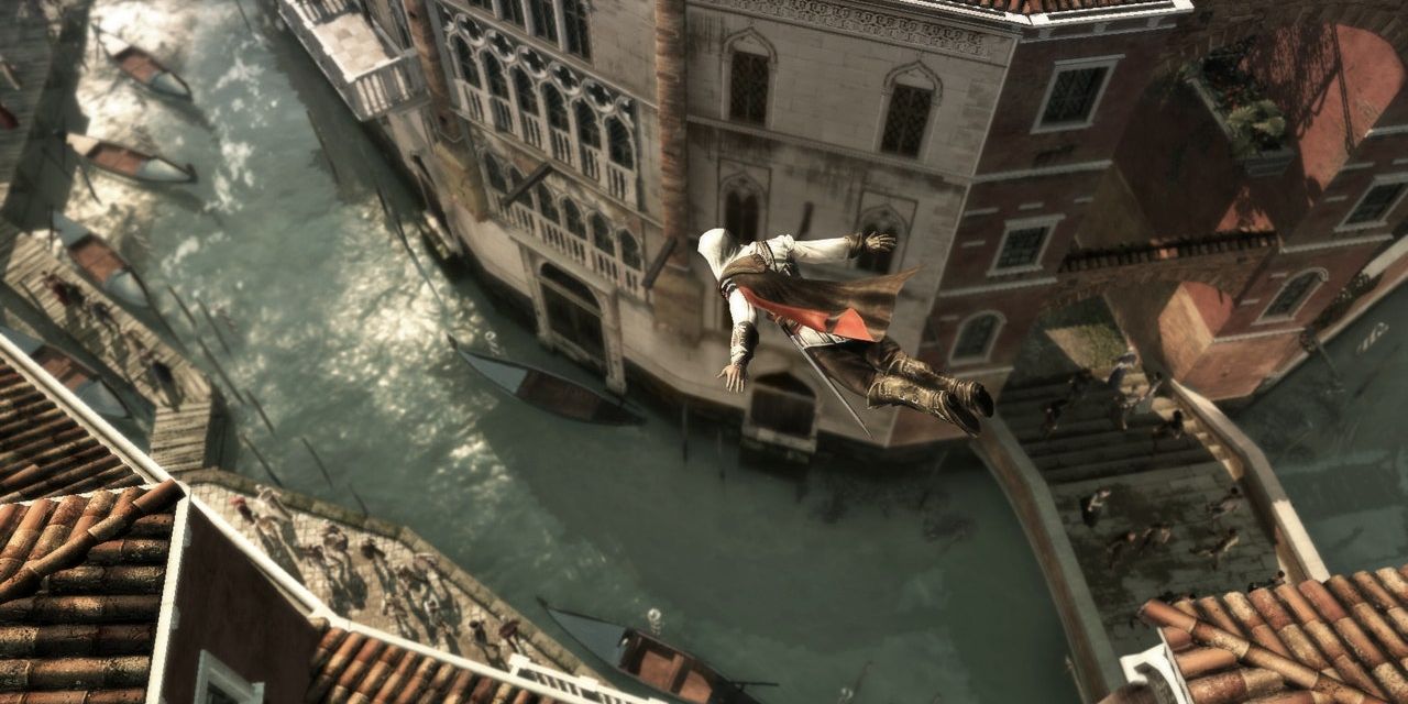 Ezio diving into the canals of Venice of Assassin's Creed II.
