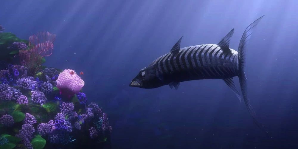 A barracuda attacks Marlin's family in Finding Nemo movie