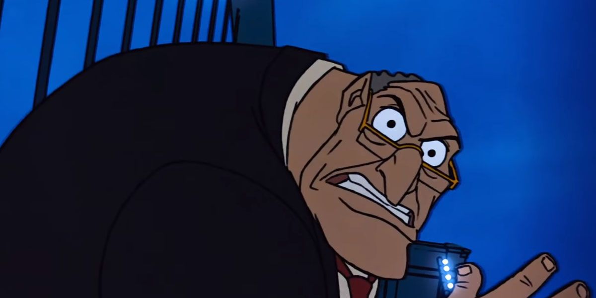 Bill Sykes about to notice an oncoming train in Oliver & Company