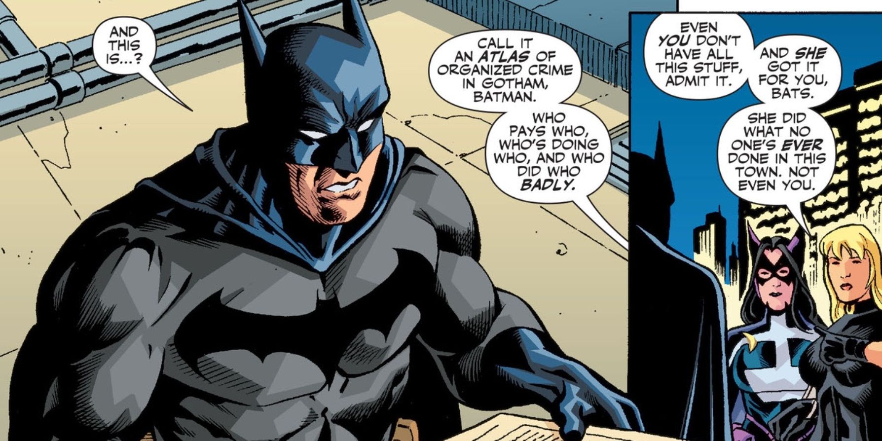 Batman, Huntress, and Black Canary discuss crime in Gotham