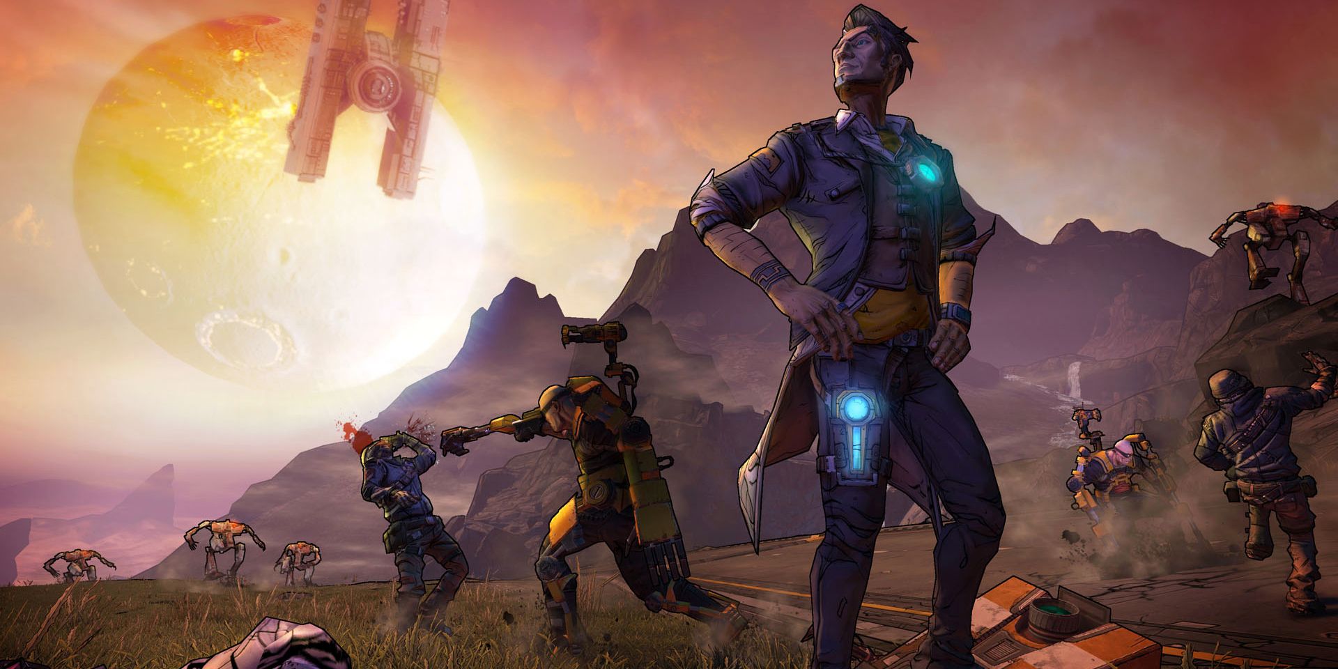 Handsome Jack standing tall while background chaos ensues in Borderlands 2