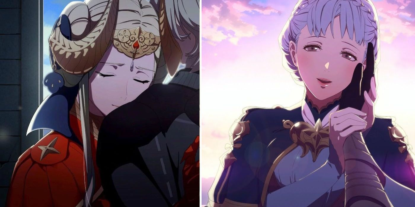 Byleth cups Marianne's cheek and hugs Edelgard