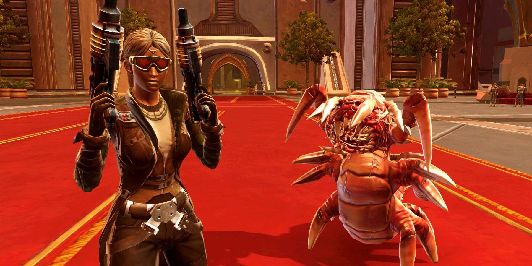 star wars the old republic character with two guns and a slug monster