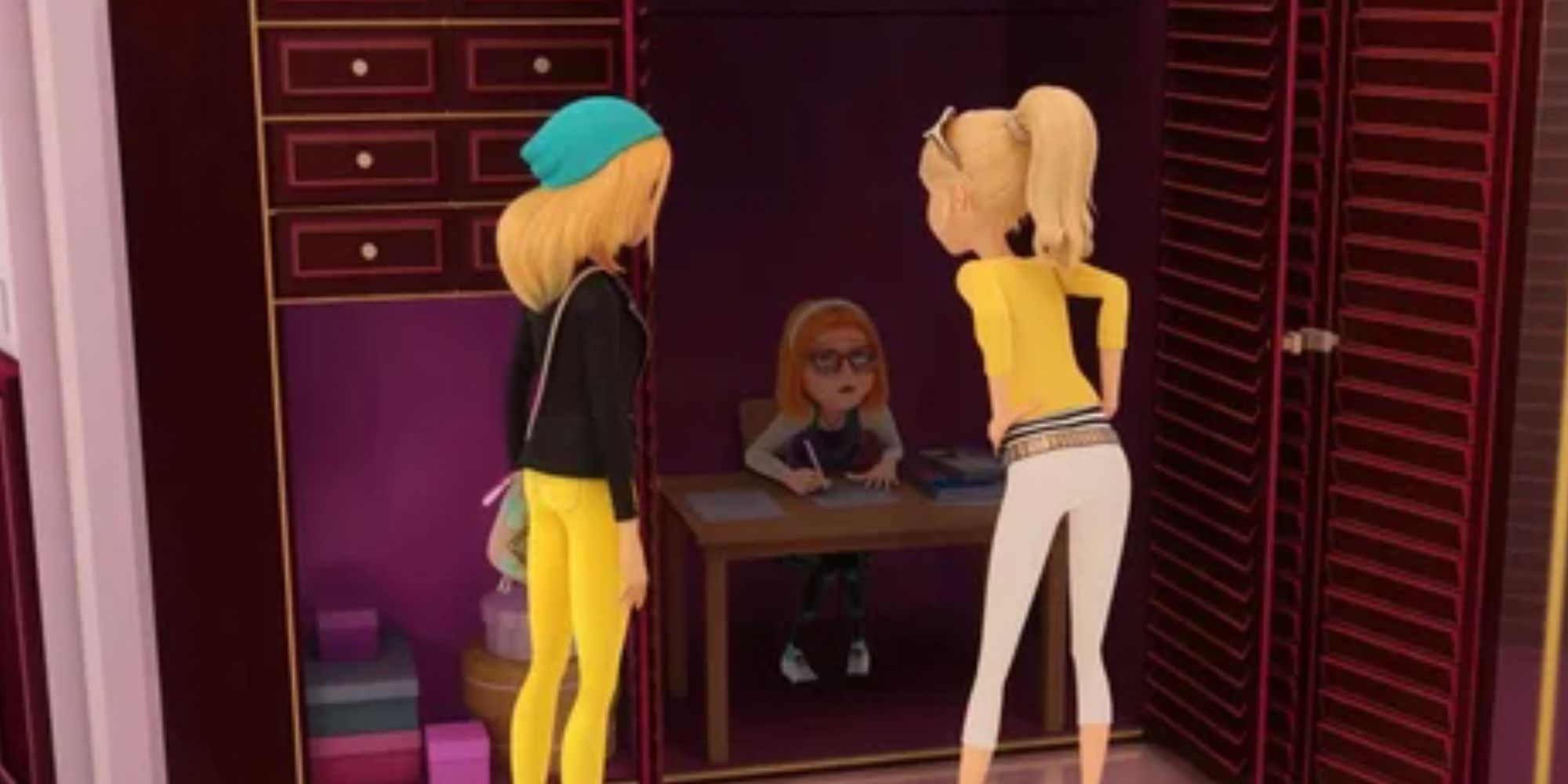 Chloe shows Zoe Sabrina doing homework in the closet in Miraculous Ladybug
