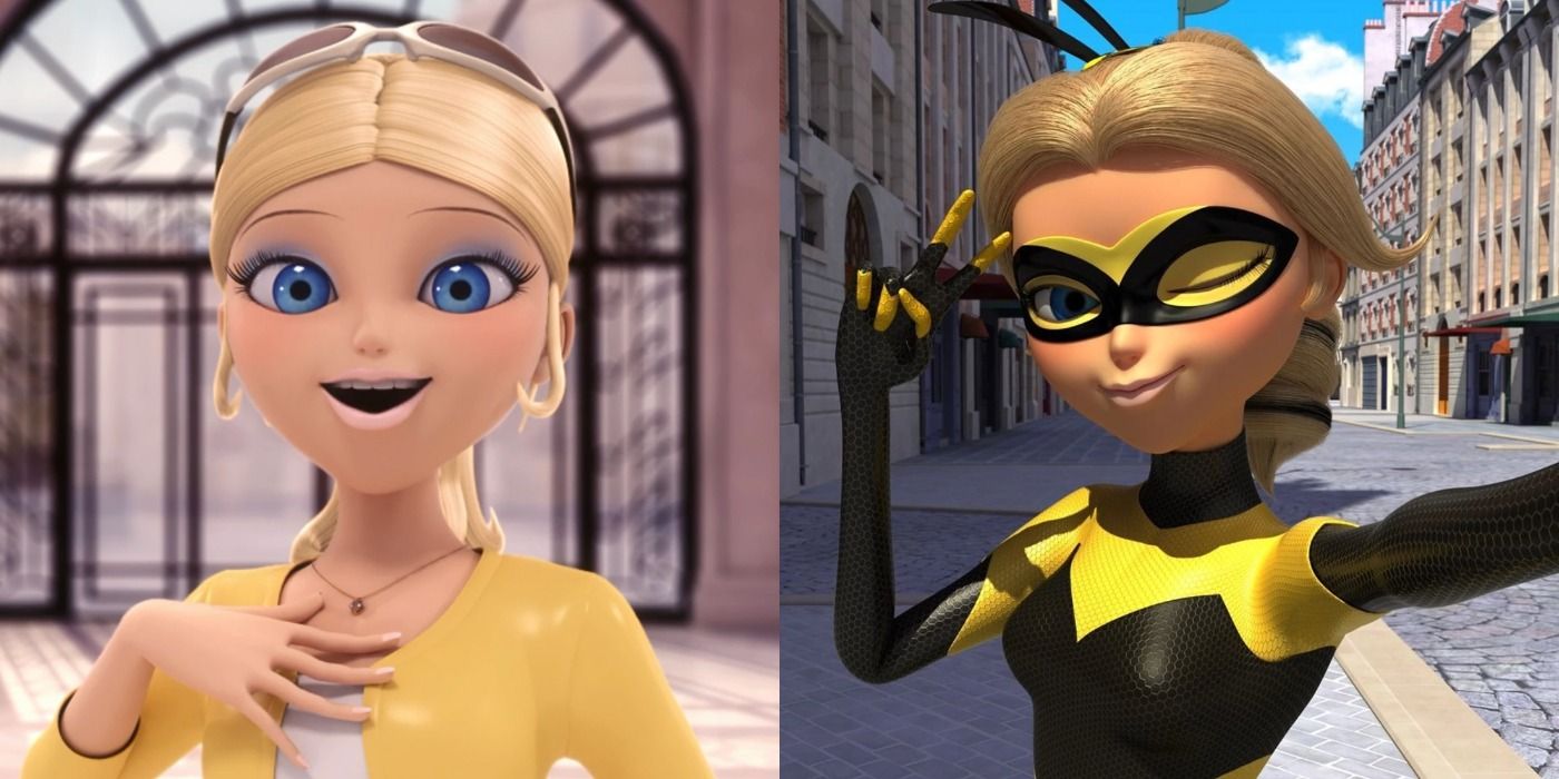 A split image depicts Chloe in her civilian clothing and in her superhero costume in Miraculous Ladybug