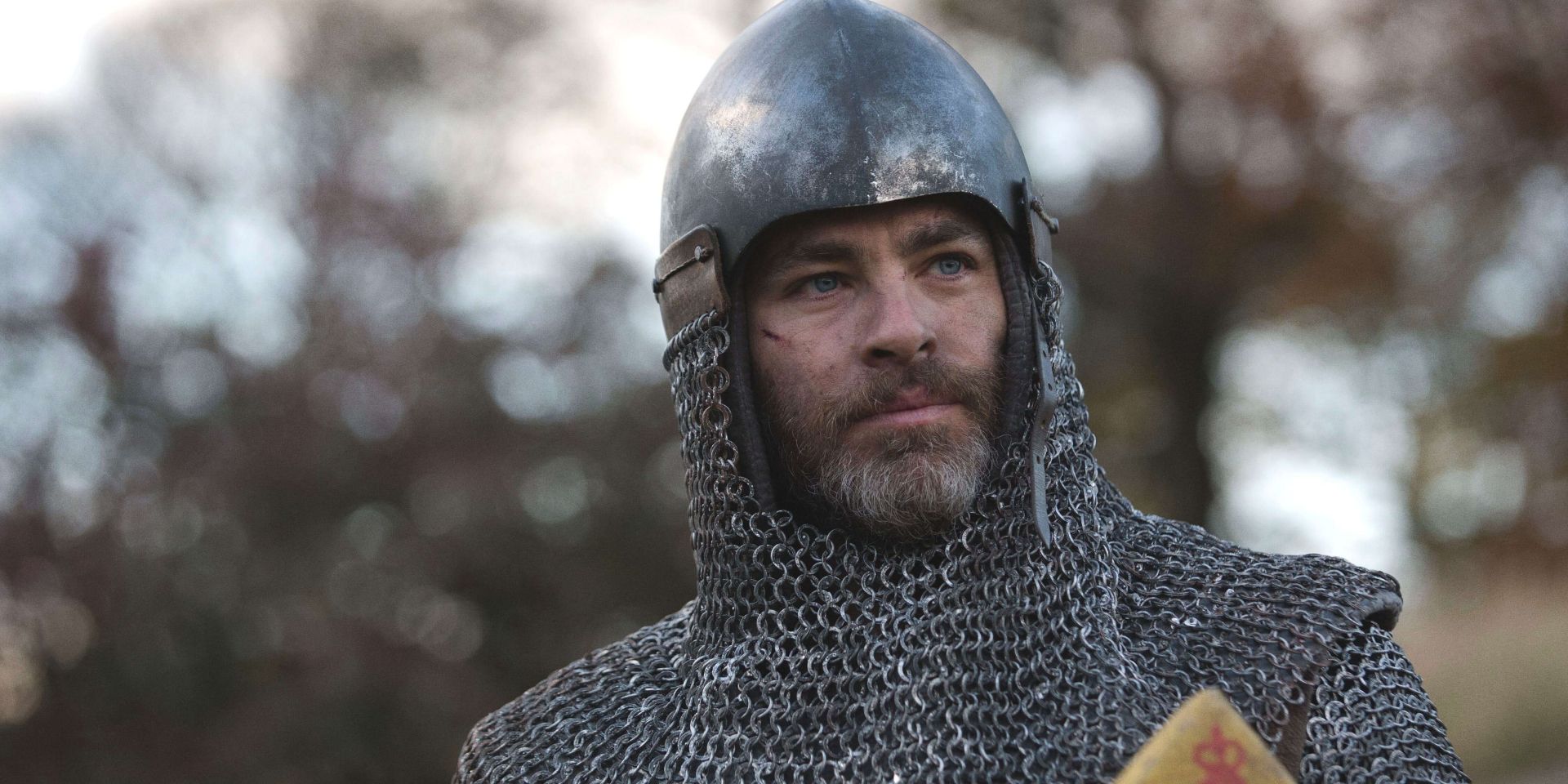 Chris Pine wearing medieval armor in Outlaw King