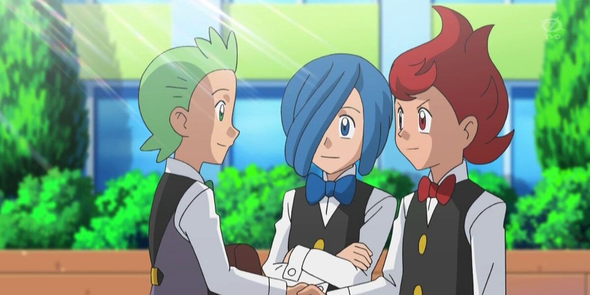 cilan chili and cress talking and shaking hands in the pokemon anime