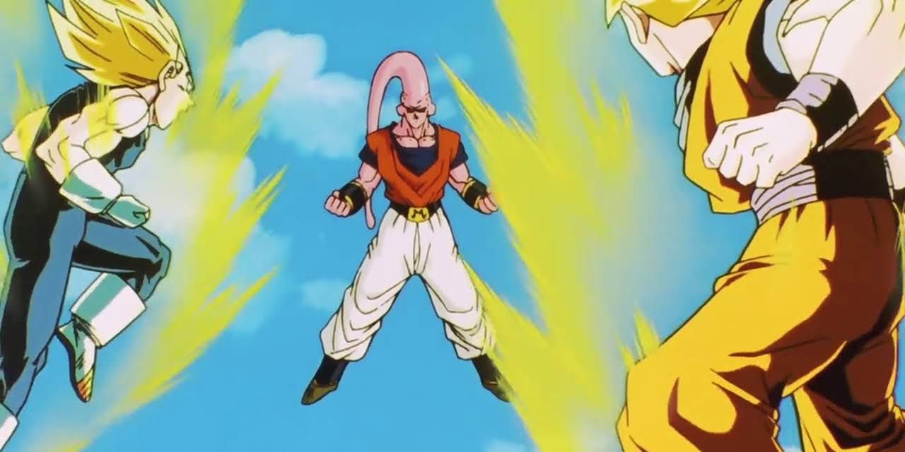 Goku and Vegeta power up to take on Super Buu in Dragon Ball Z