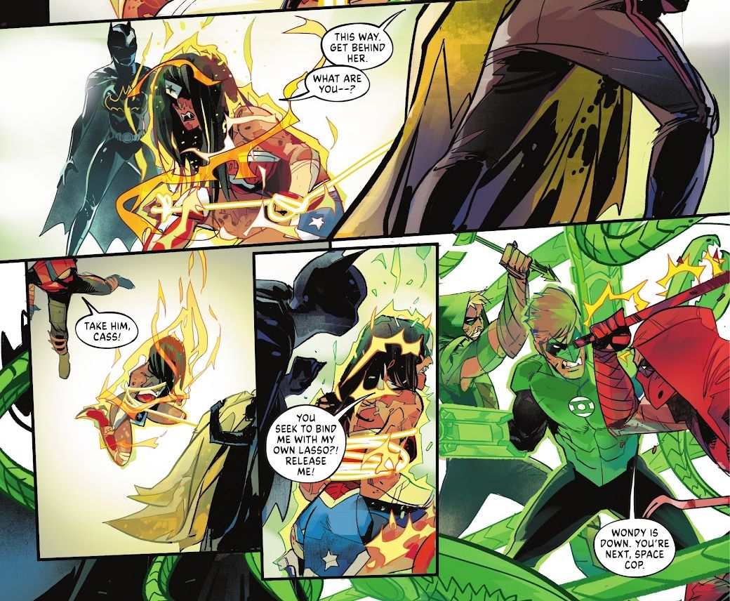 Bat-Family fights the vampire Wonder Woman and Green Lantern in DC vs. Vampires #6 