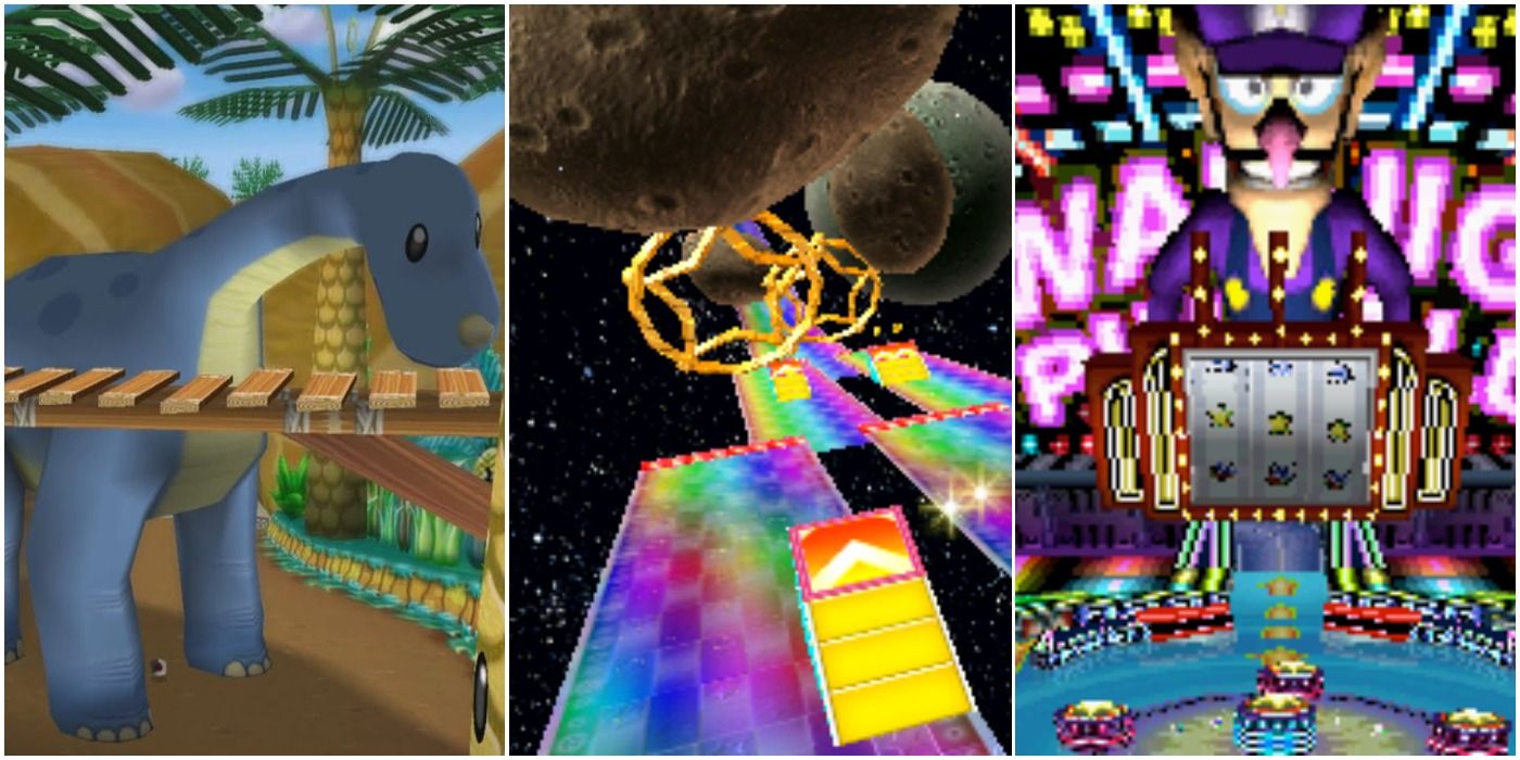 GCN Dino Dino Jungle, 3DS Rainbow Road, and DS Waluigi Pinball from Mario Kart
