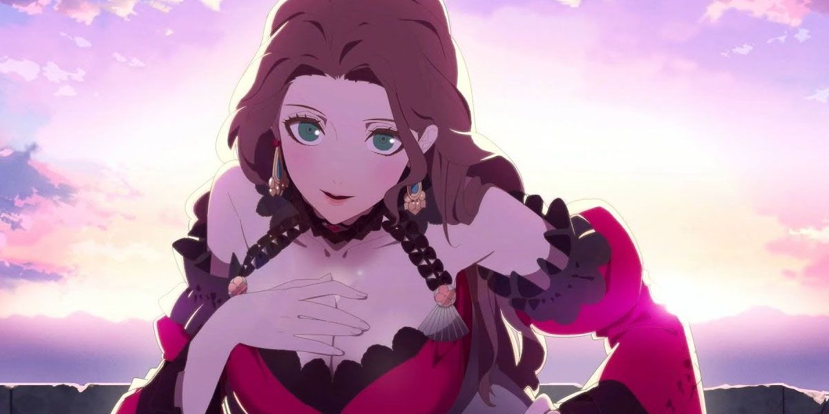 Dorothea Arnault holding her hand to her chest in front of a beautiful sunset in Fire Emblem Three Houses.