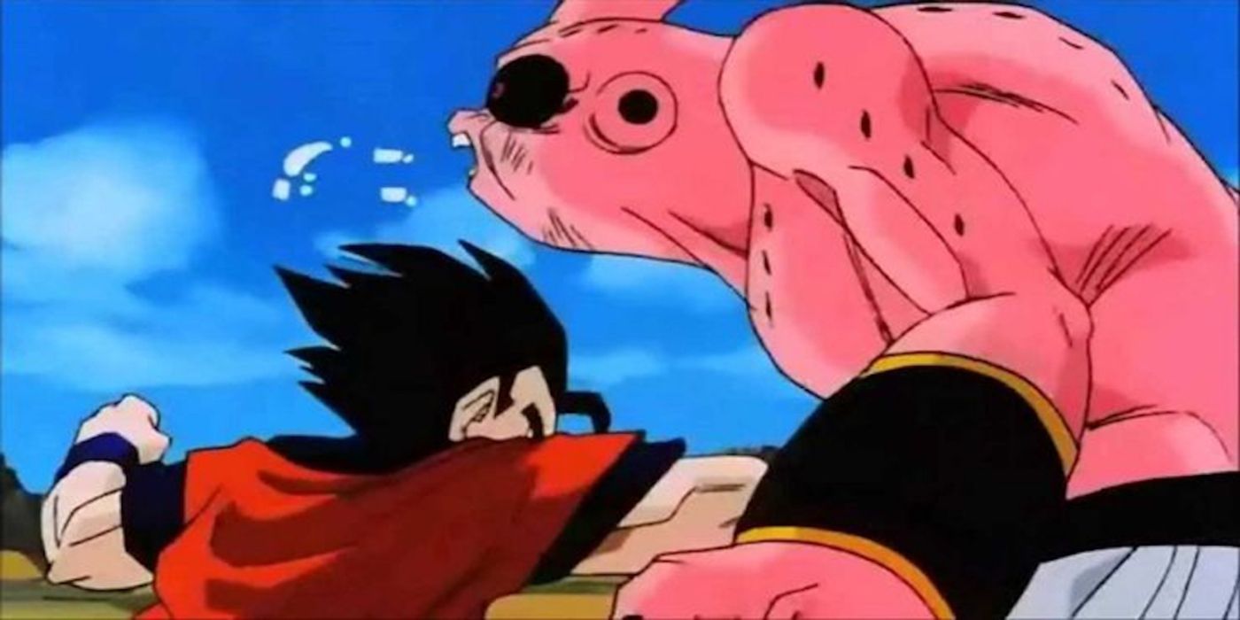 Gohan punches Super Buu in the stomach in Dragon Ball Z