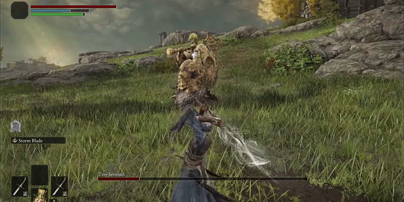 Screenshot of a Warrior charging his skill in a battle against Tree Sentinel, as seen in Elden Ring.