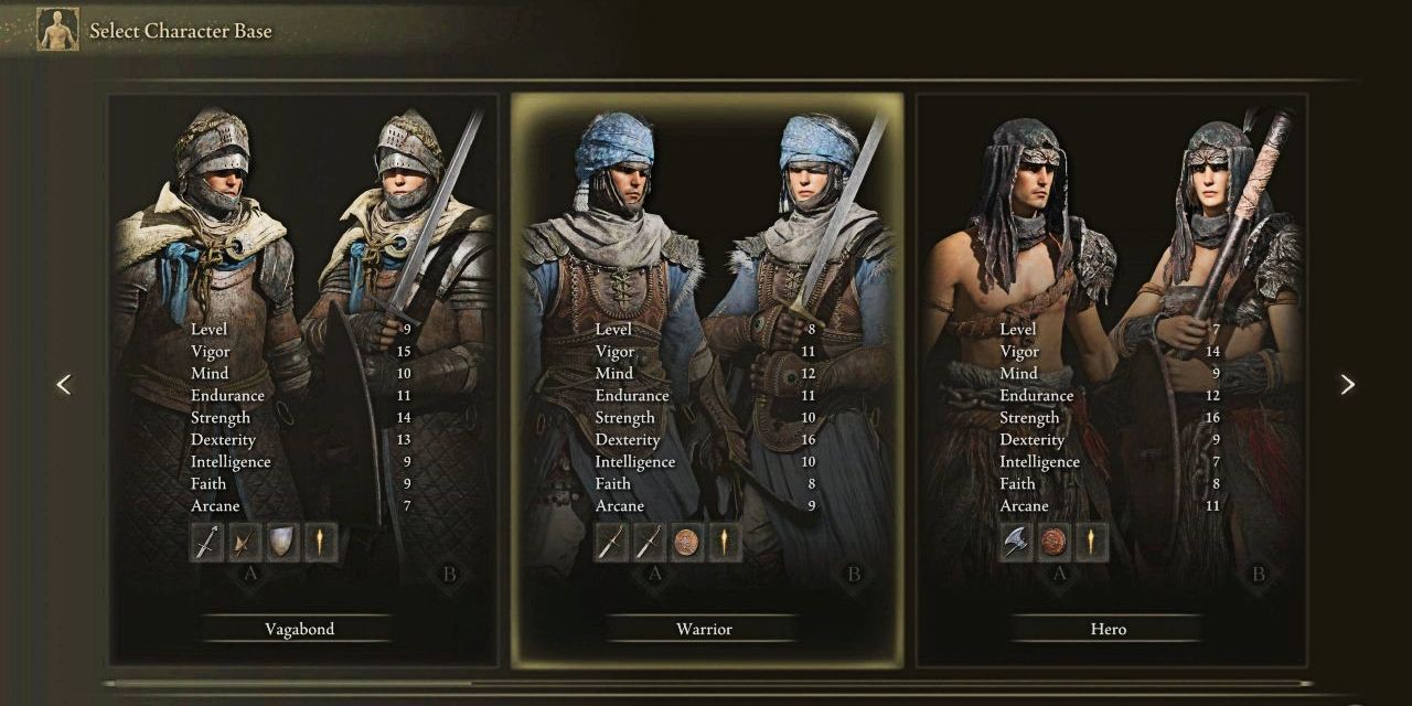 Screenshot of the character selection screen depicting highlighted Warrior class, as seen in Elden Ring.