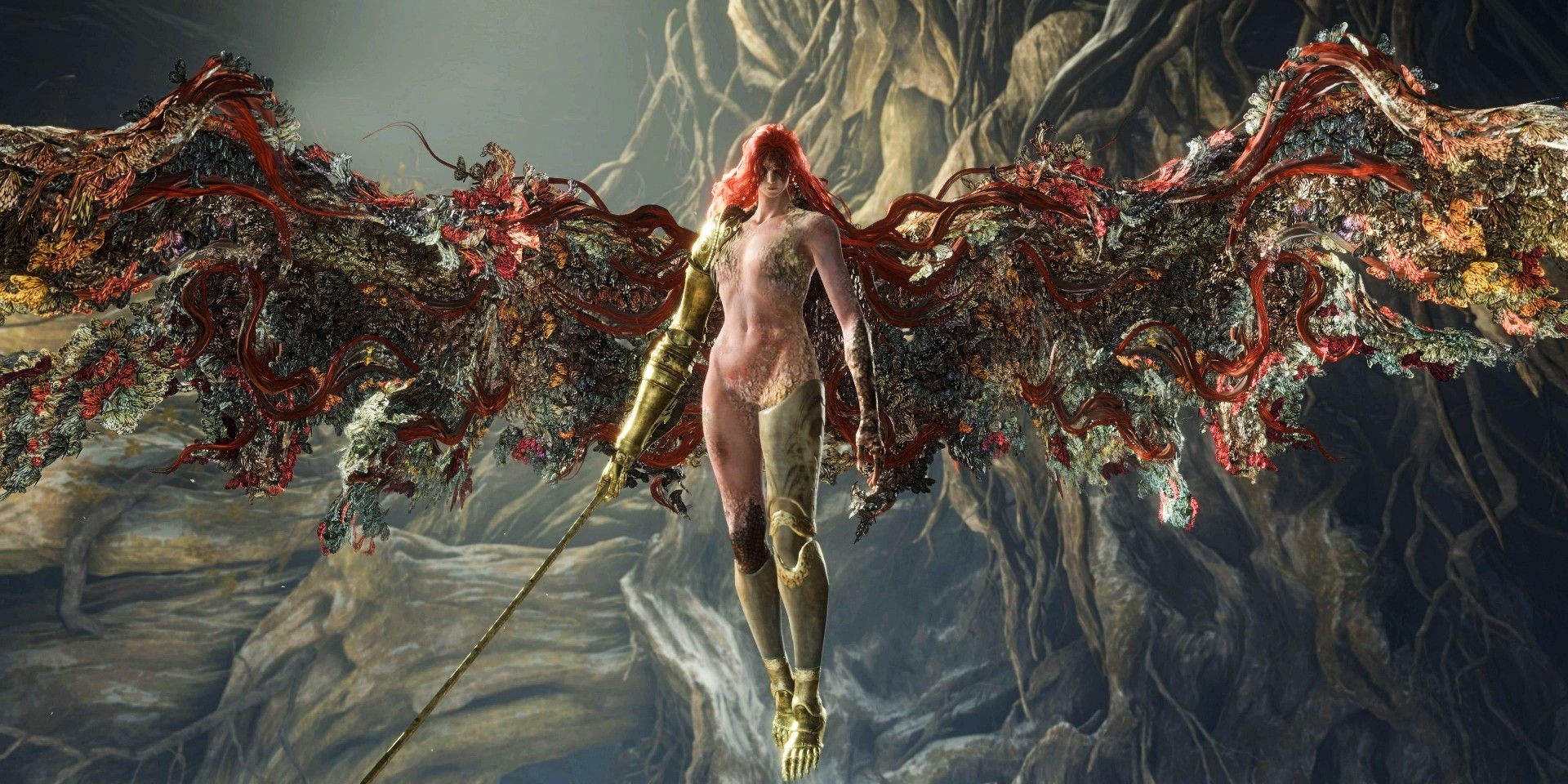Screenshot of Malenia’s appearance during the second phase of the boss battle, as seen in Elden Ring.