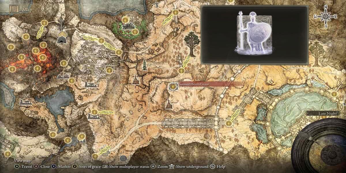 Elden Ring Spirit Ash Ancient Dragon Knight Kristoff and its location on the world map.