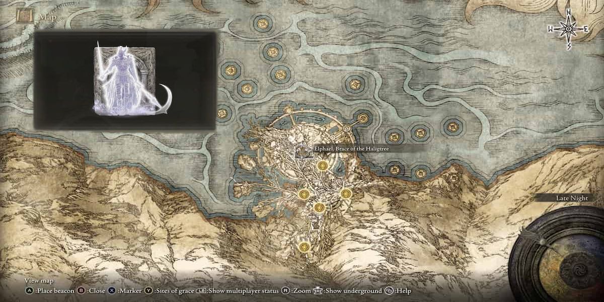 Elden Ring Spirit Ash Cleanrot Knight Finlay and its location on the world map.