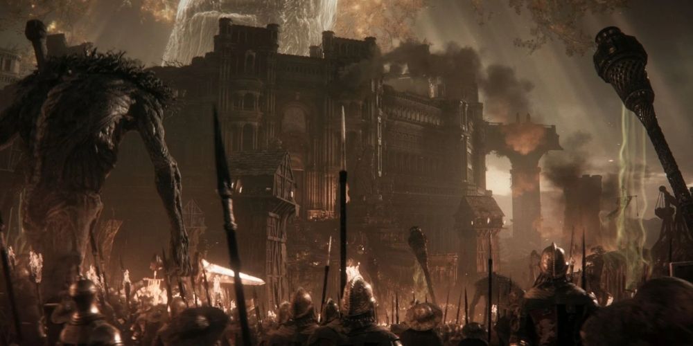 A city on fire in the story trailer for Elden Ring