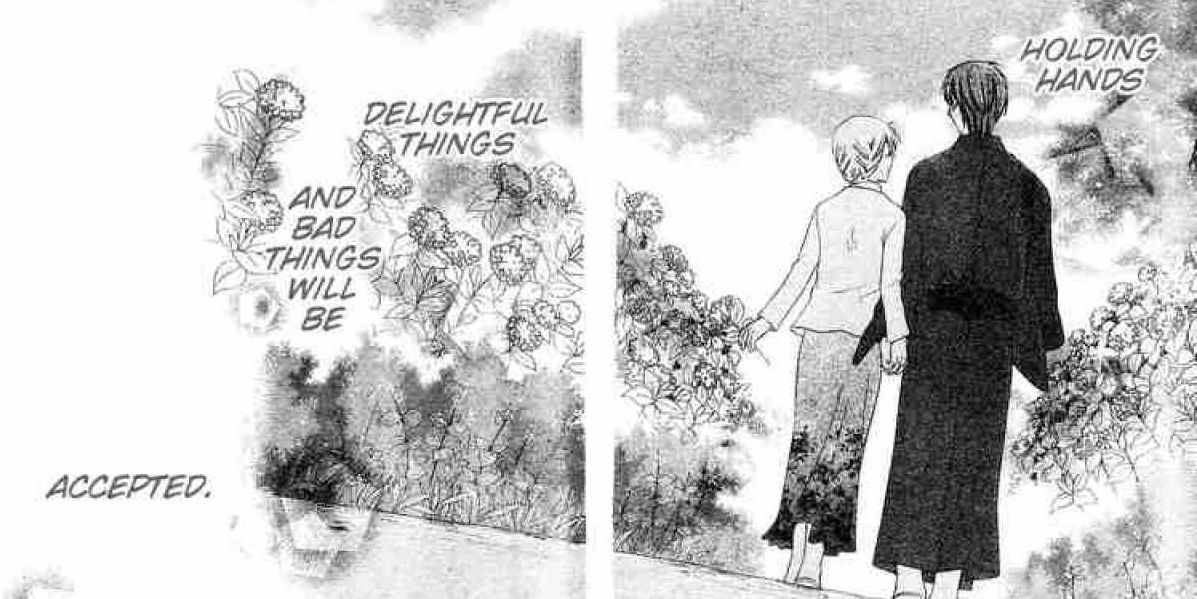 The final scene from Natsuki Takaya's Fruits Basket manga; two characters stand near flowers.