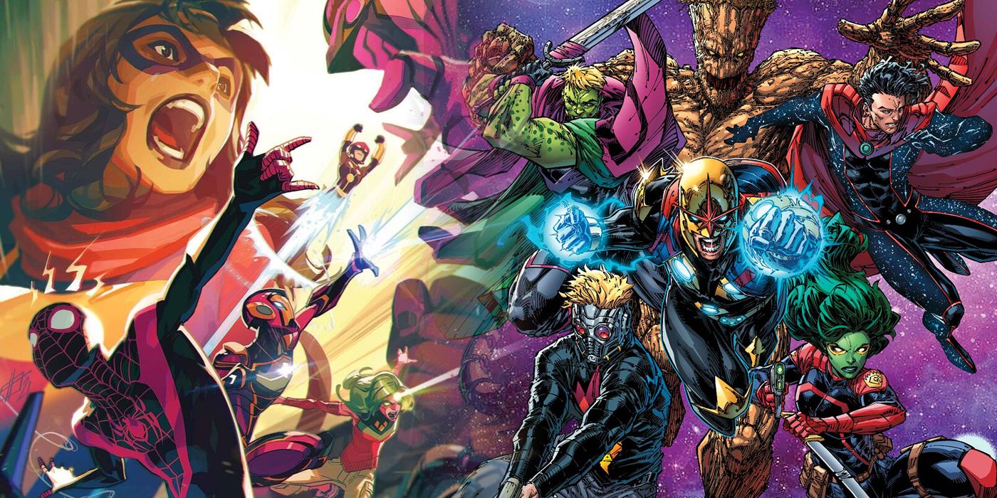 Nova with the Champions and Guardians of the Galaxy split image
