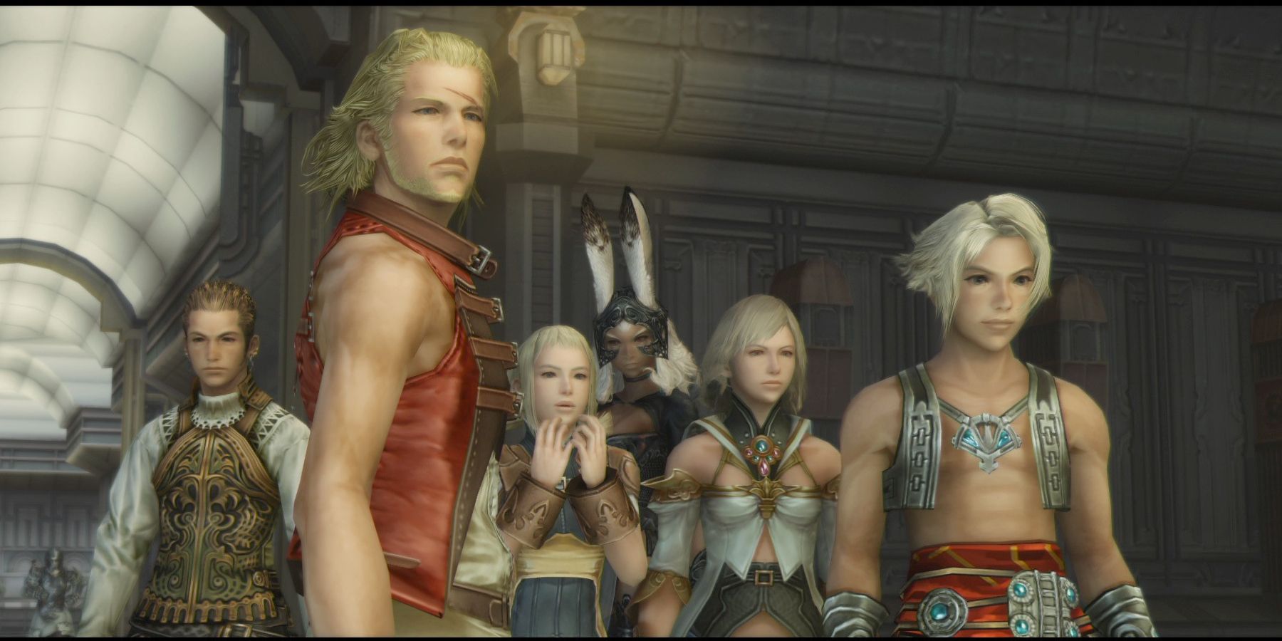 Balthier, Basch, Penelo, Fran, Ashe, and Vaan in Final Fantasy XII The Zodiac Age