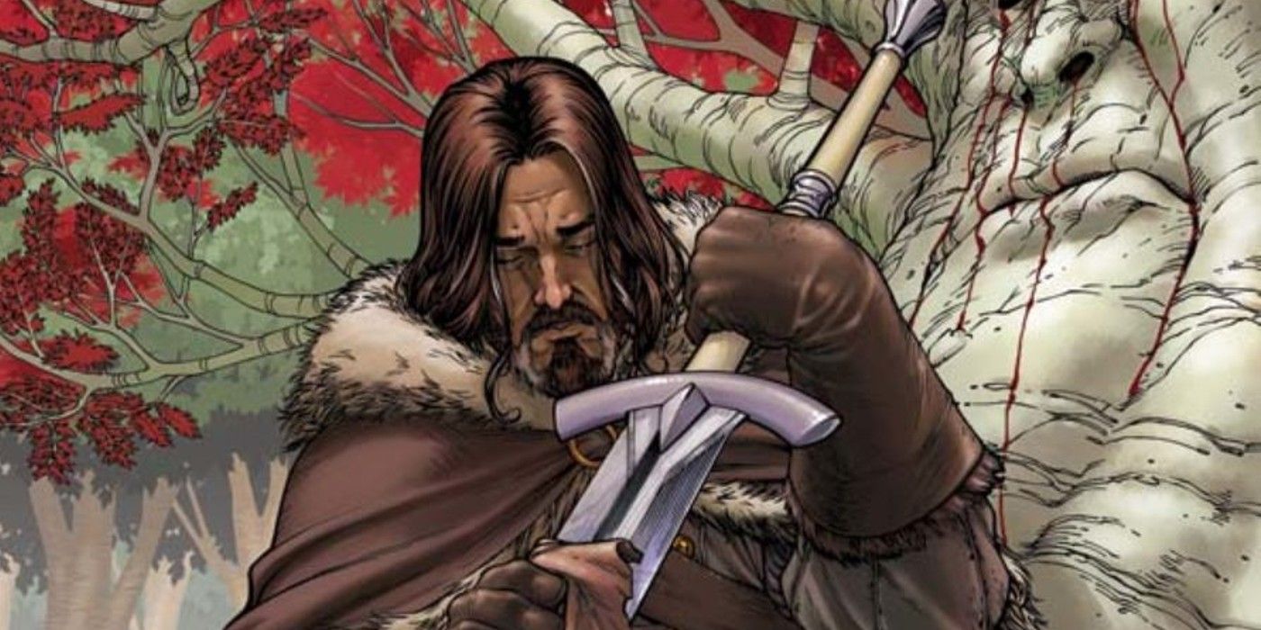 Ned Stark in Game of Thrones Comic holding sword by weirwood tree