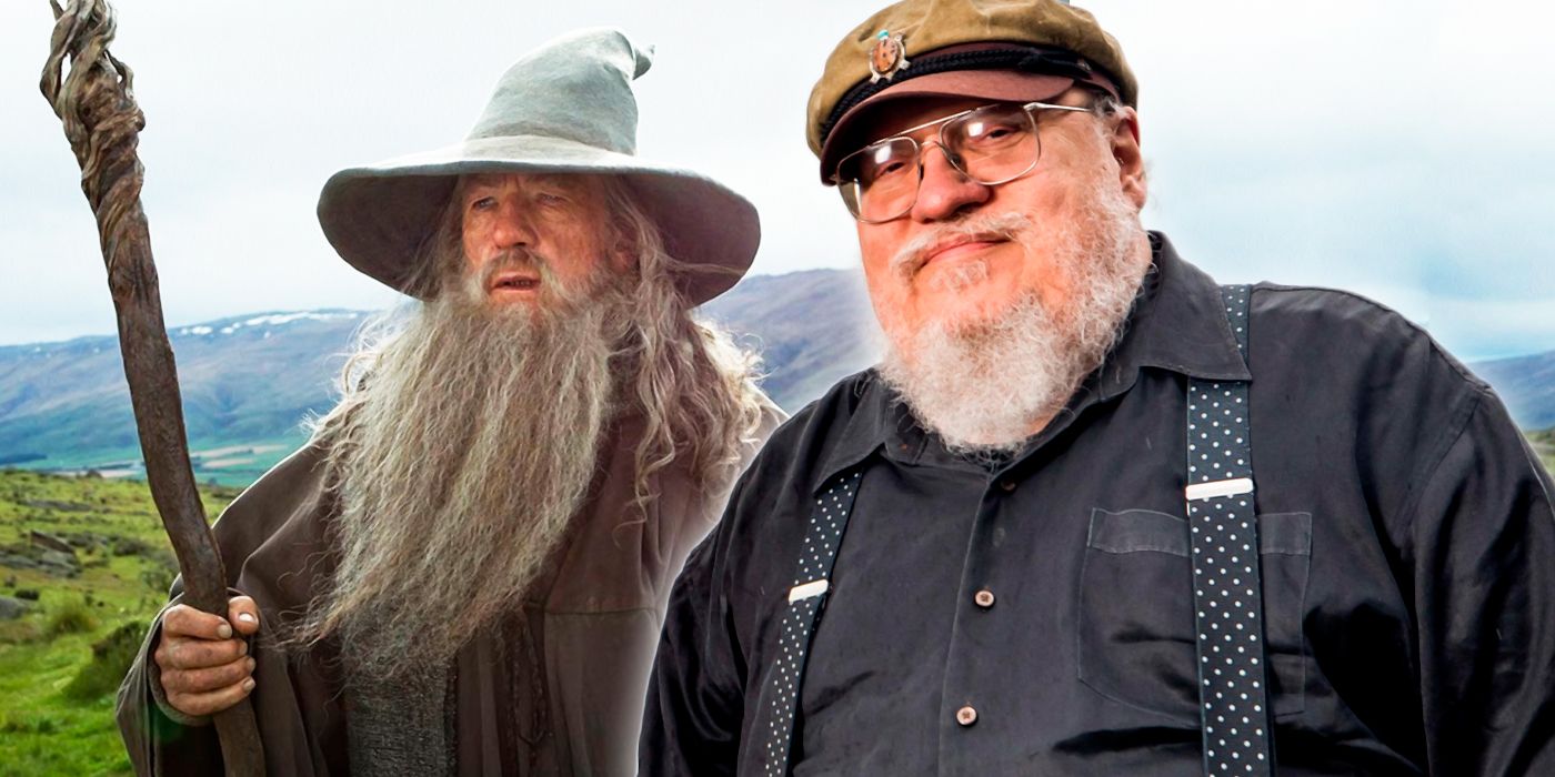 Gandalf the Gray holding his staff with George R.R. Martin in black on his right.