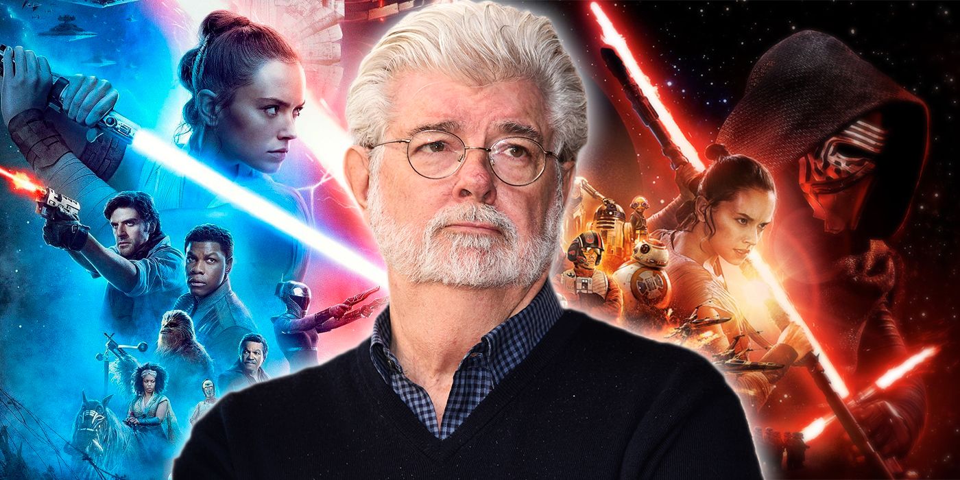 George Lucas in front of posters for The Rise of Skywalker and The Force Awakens