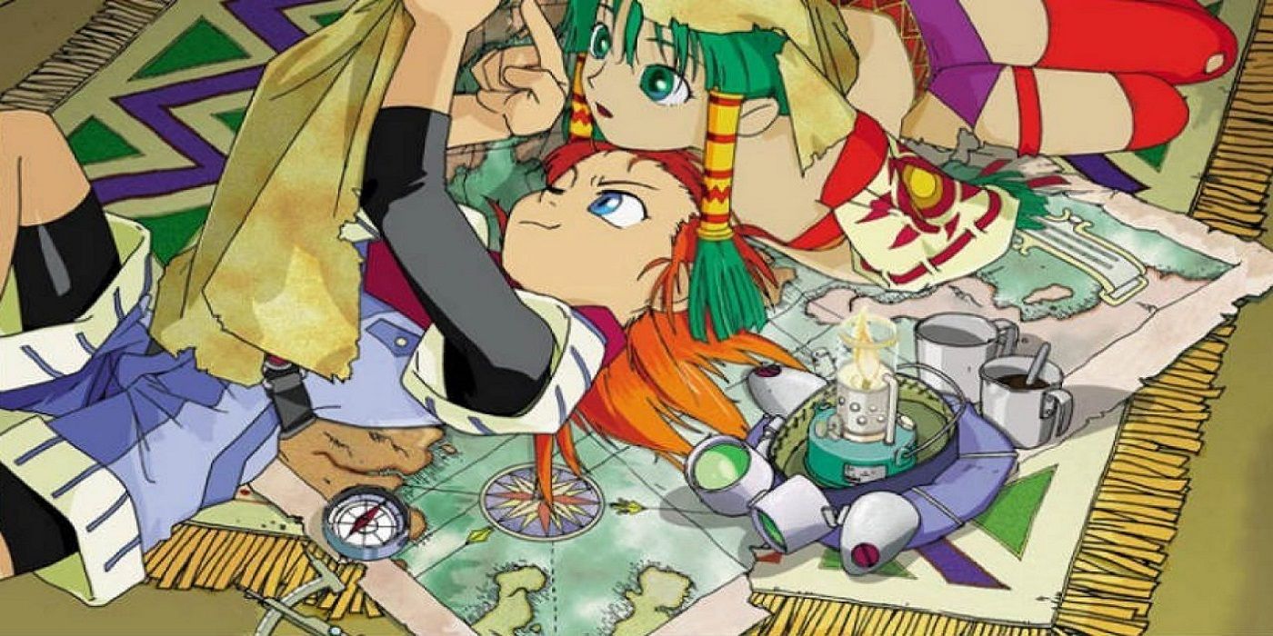 Grandia promotional art; two kids laying on the floor looking at a map.