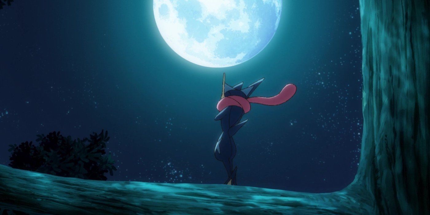 Greninja parado em um galho ao luar no anime Pokémon.