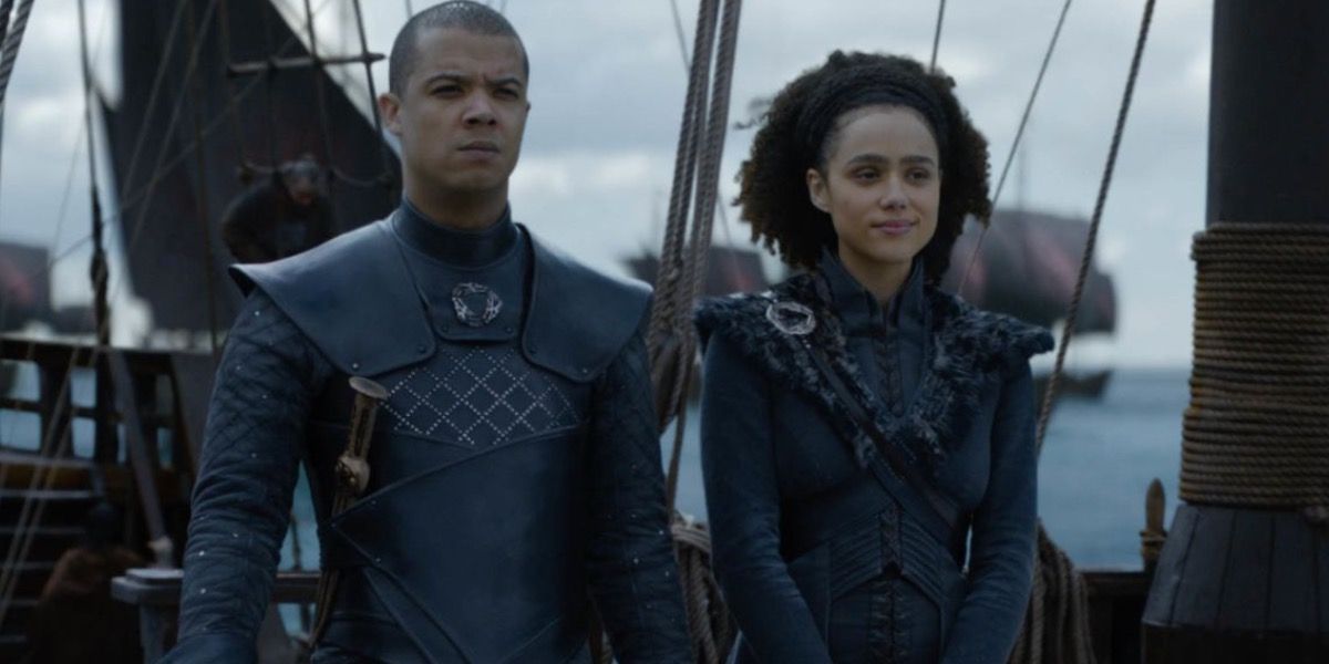 Grey Worm (Jacob Anderson) and Missandei (Nathalie Emmanuel) standing next to each other on Daenerys' ship