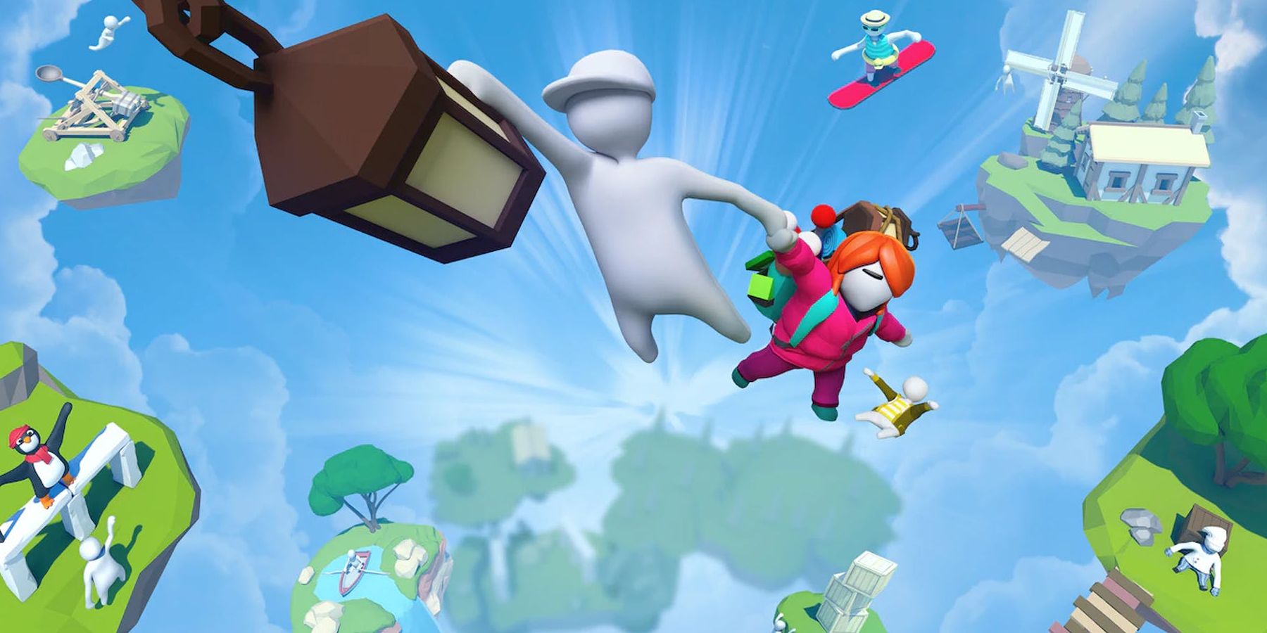 A player hangs onto another player, with another player falling to their doom, as he pulls into the air in Human: Fall Flat
