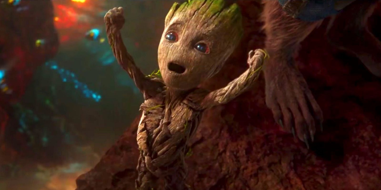 Baby Groot raises his arms in Guardians of the Galaxy Vol. 2