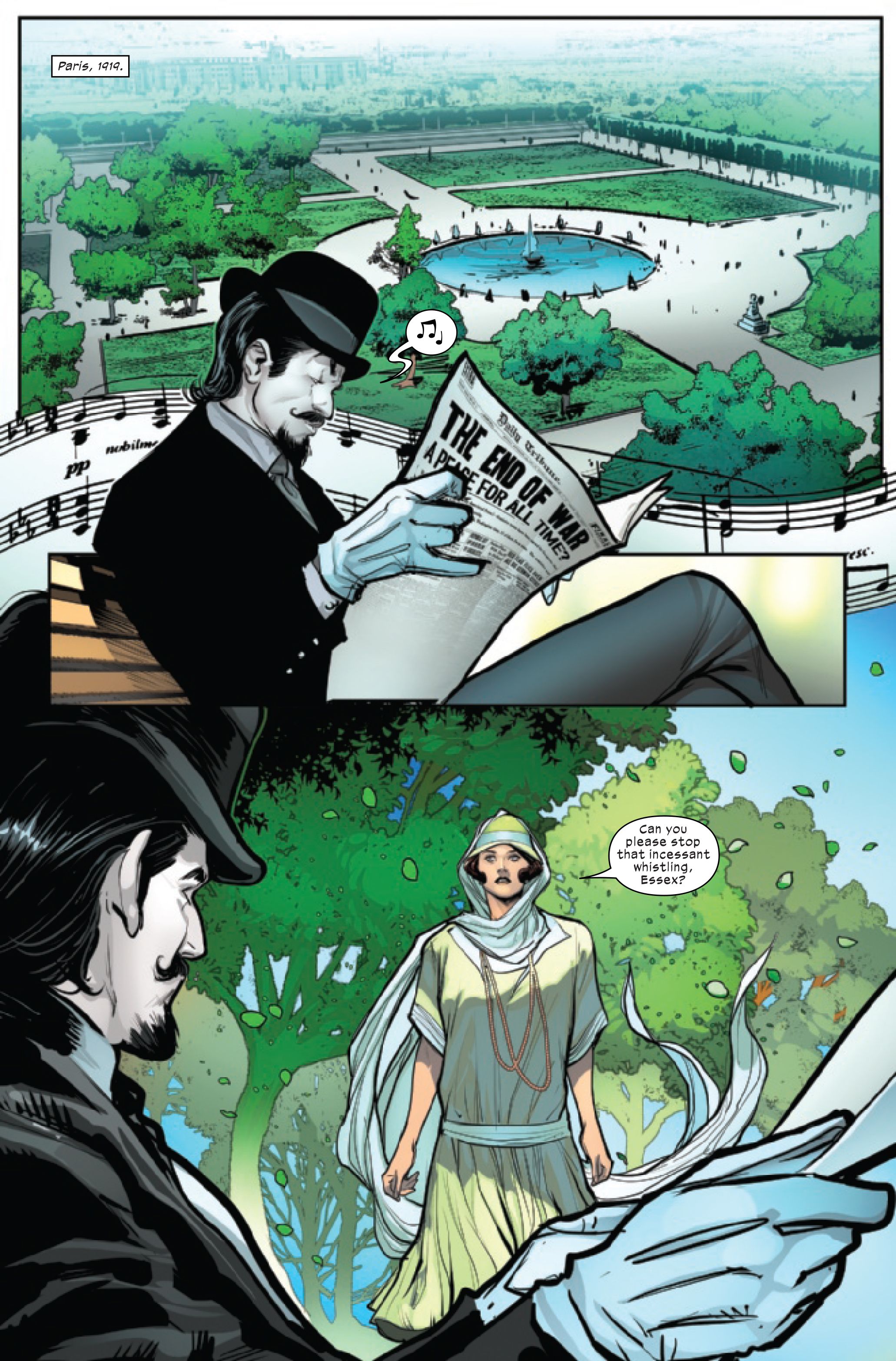 Mister Sinister and Irene Adler/Destiny talk in Immortal X-Men #1, by Kieron Gillen and Lucas Werneck. (Page 1)